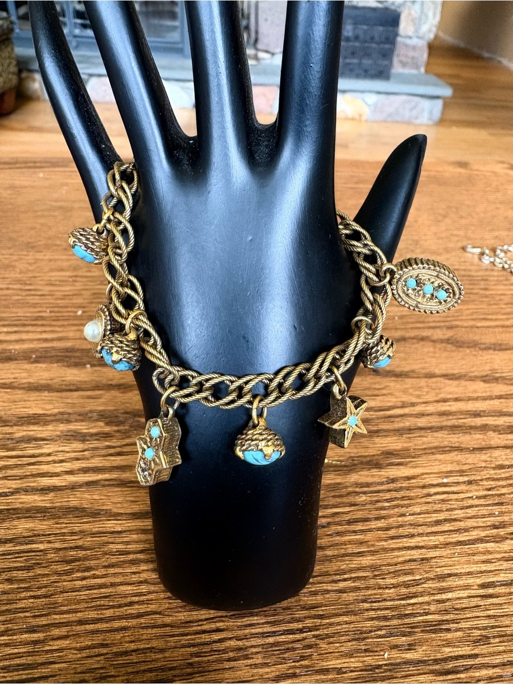 Vintage Gold Turquoise Charm Bracelet Victorian Twist Rope Cabochon Star